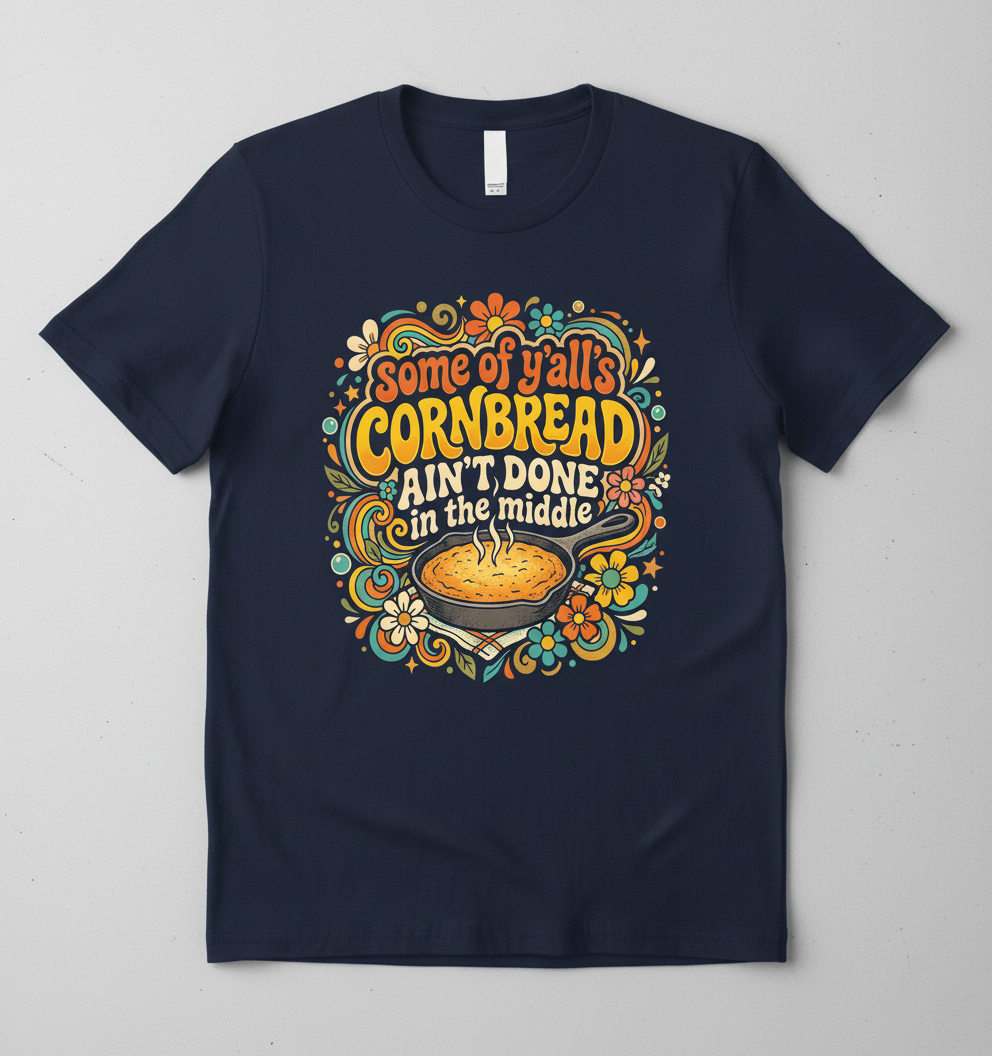 Funny Southern Saying 'Cornbread Ain't Done' Retro 70s Design T-Shirt - Navy