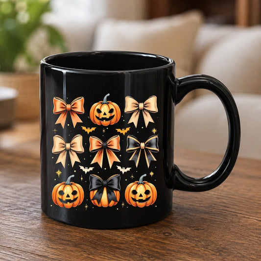 Cute Halloween Pumpkins and Bows Halloween Black Mug Black product mockup