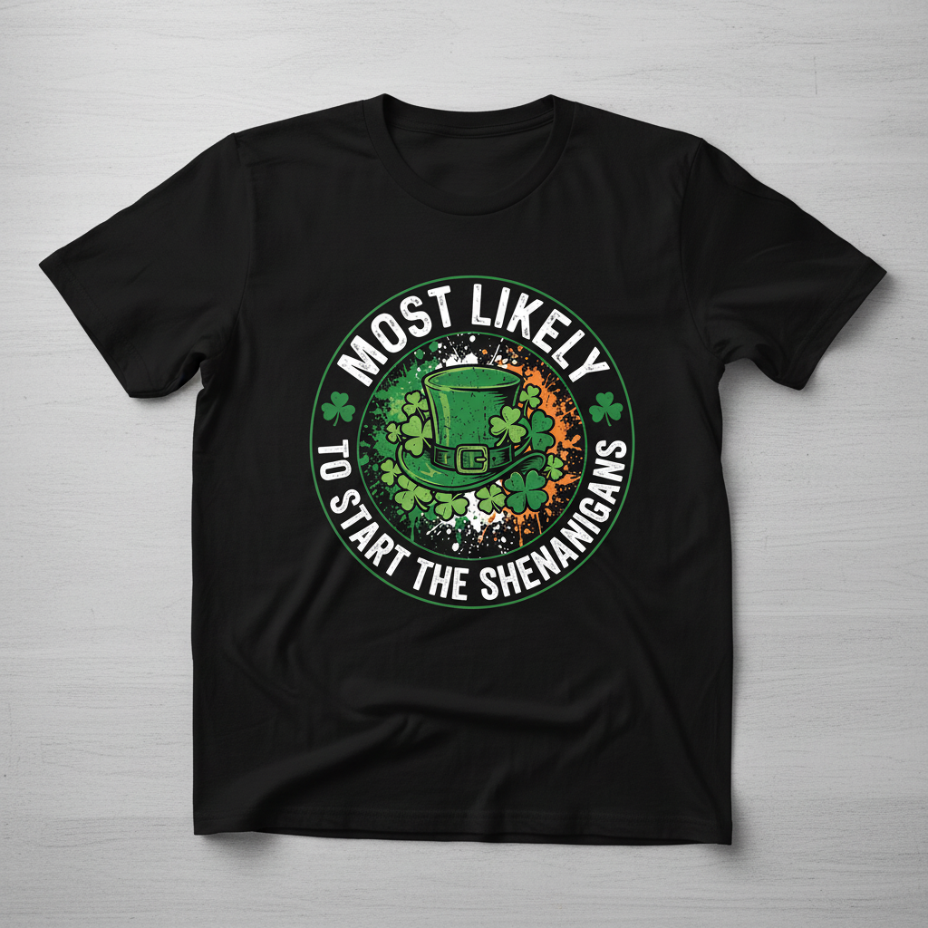 Most Likely To Start The Shenanigans St. Patrick's Day Design T-Shirt - Black