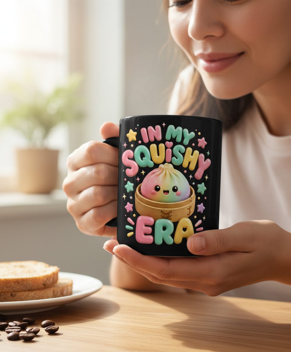 In My Squishy Era Cute Dumpling Black Mug - lifestyle model mockup - Black