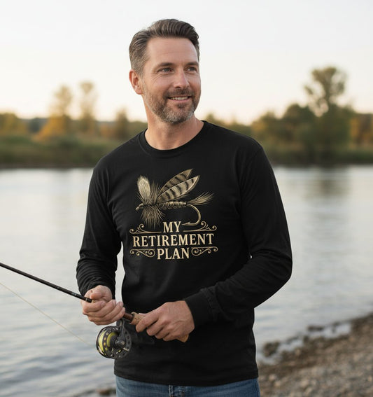 My Retirement Plan fly fishing Long Sleeve Tee Black lifestyle mockup