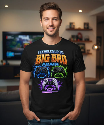I Leveled Up to Big Bro Again Gamer Brother T-Shirt - lifestyle model mockup - Black