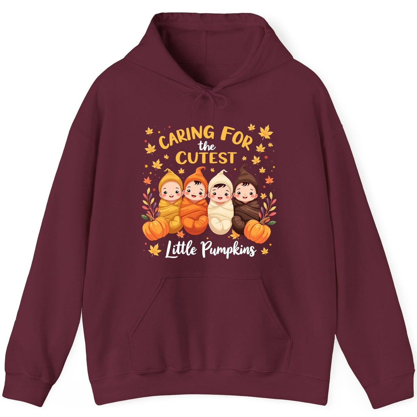 Caring for the Cutest Little Pumpkins swaddled babies Hoodie Maroon product mockup
