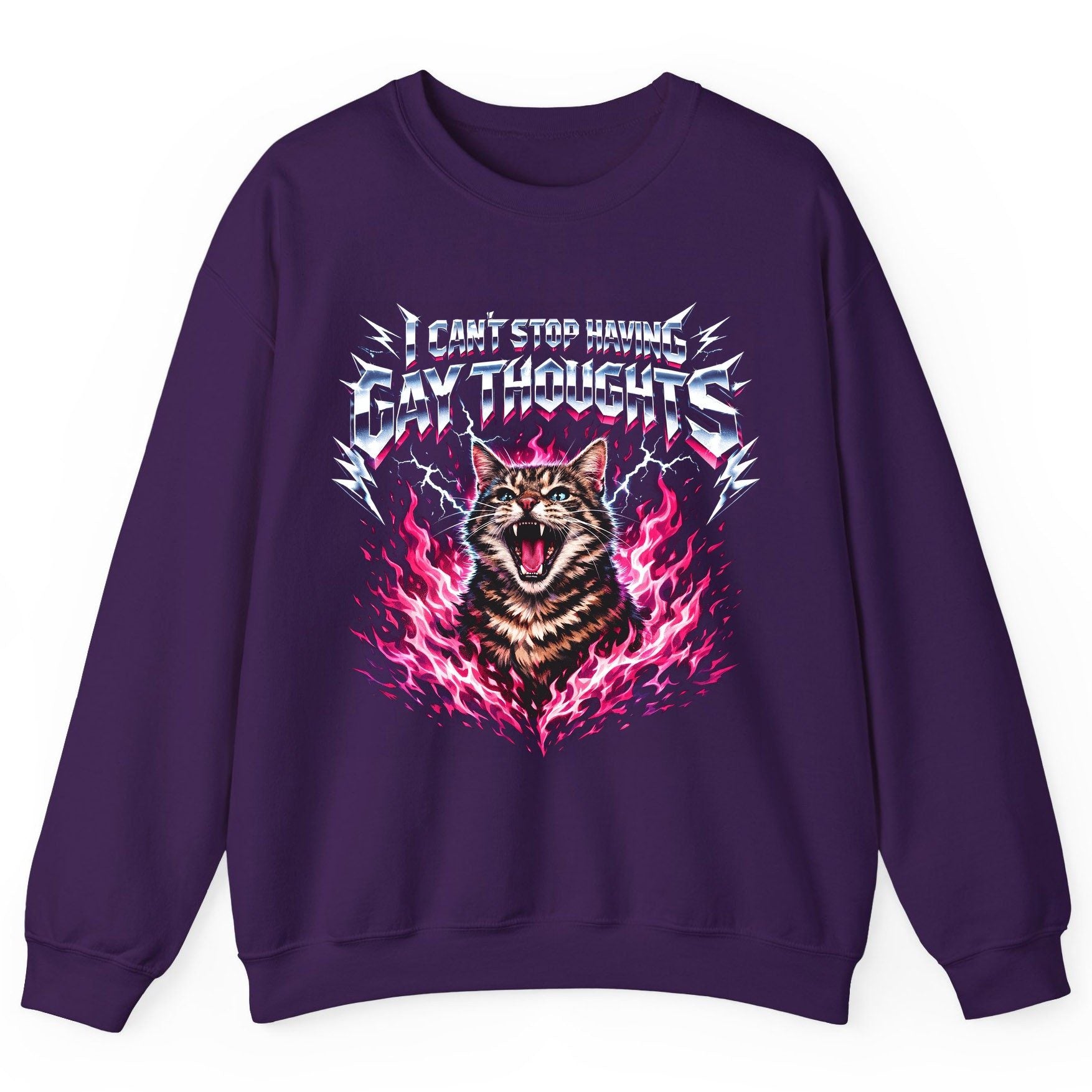 I Can't Stop Having Gay Thoughts cat Sweatshirt Purple product mockup
