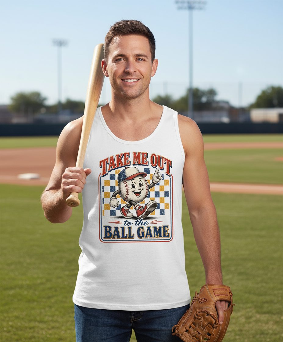 Take Me Out to the Ball Game Retro Baseball Tank Top - lifestyle model mockup - White