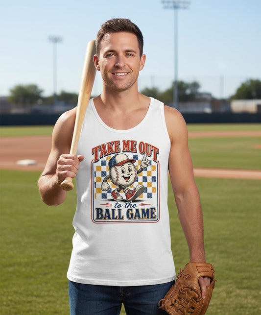 Take Me Out to the Ball Game Retro Baseball Tank Top - lifestyle model mockup - White