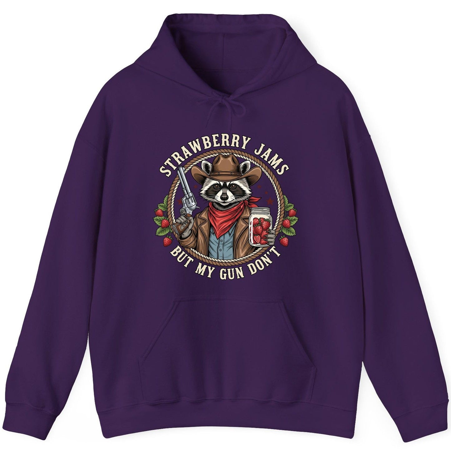 Strawberry Jams but My Gun Don't cowboy raccoon Hoodie Purple product mockup