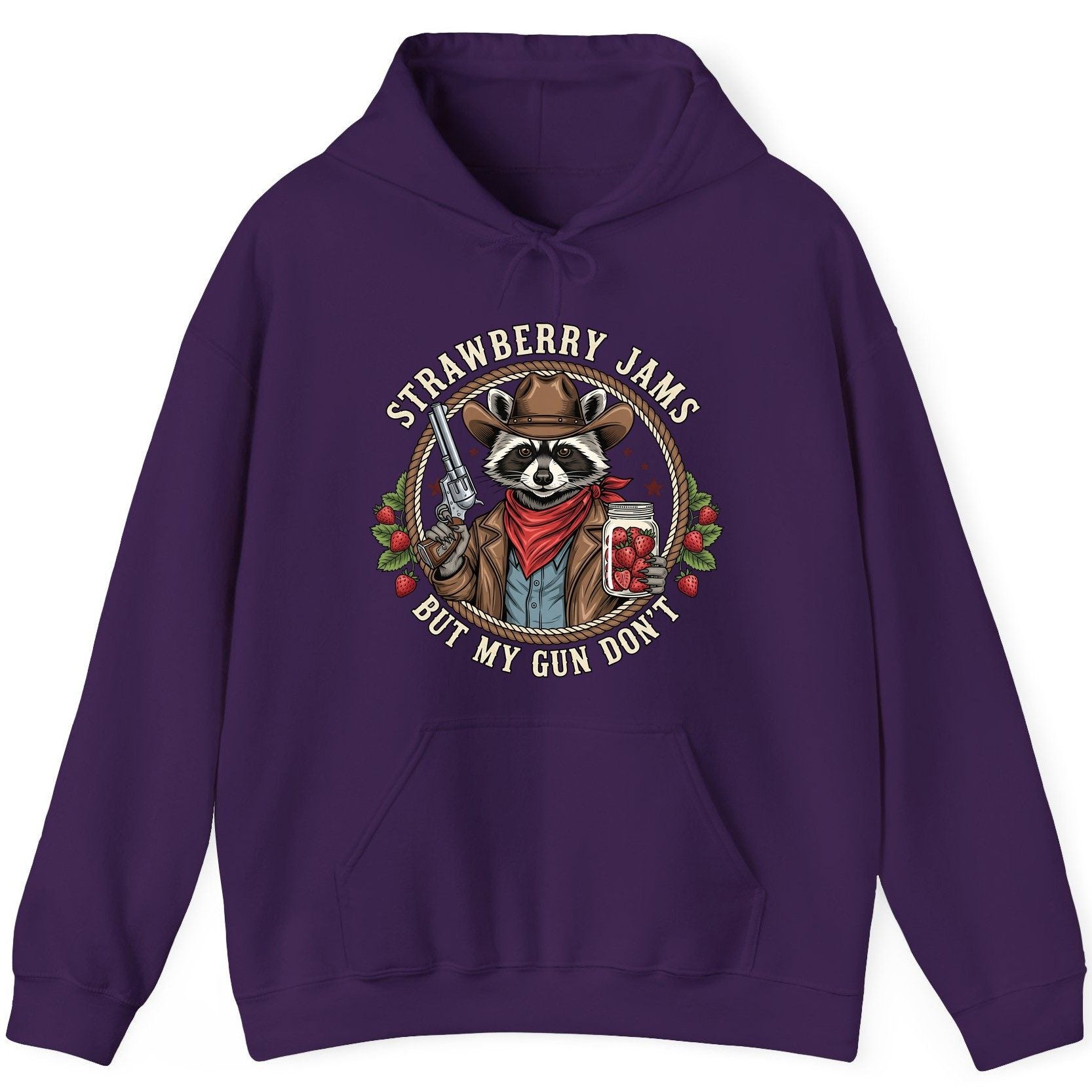 Strawberry Jams but My Gun Don't cowboy raccoon Hoodie Purple product mockup