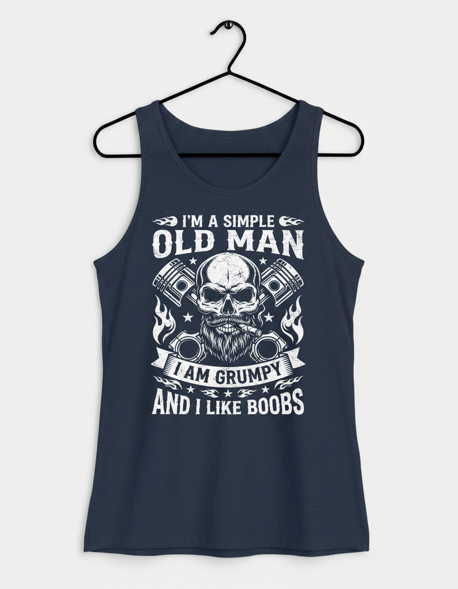 Grumpy Old Man Biker Skull and Pistons Funny Quote Tank Top - Navy