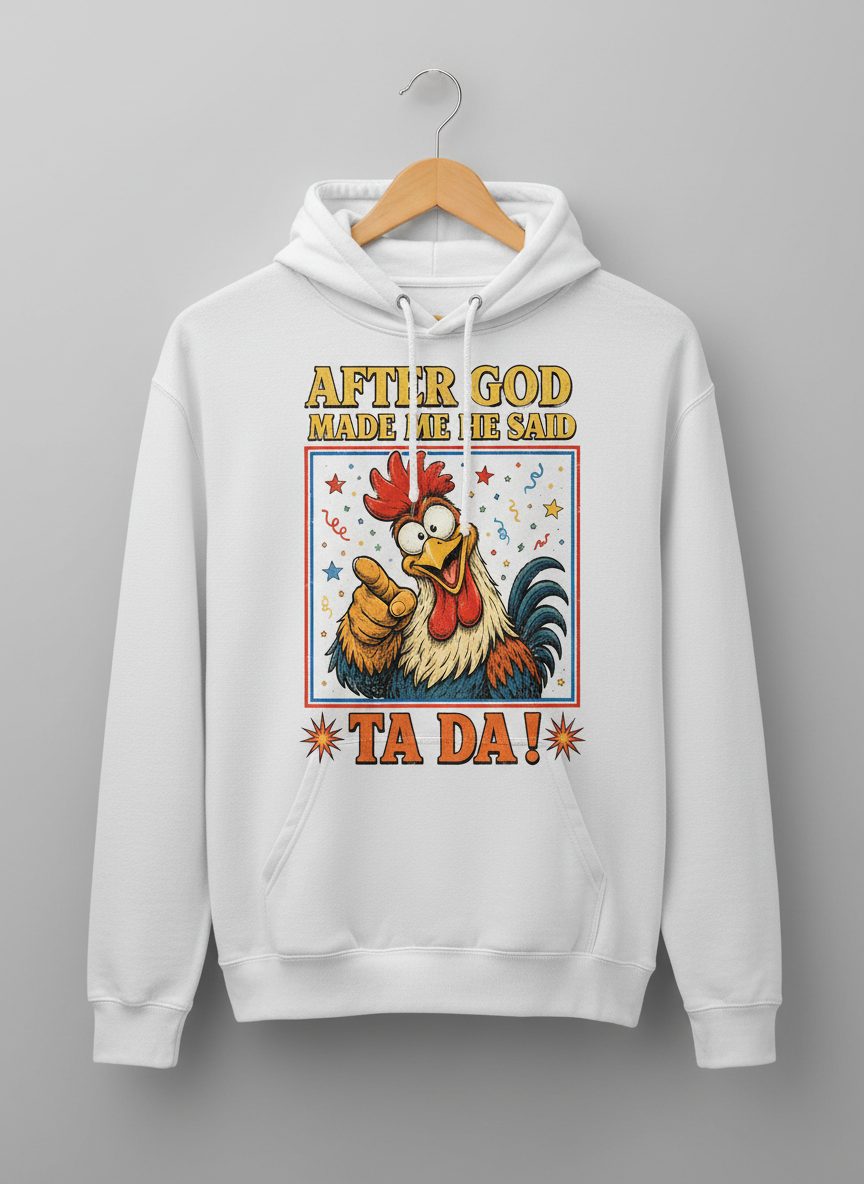 AFTER GOD MADE ME HE SAID TA DA Funny Rooster Hoodie - product mockup - White