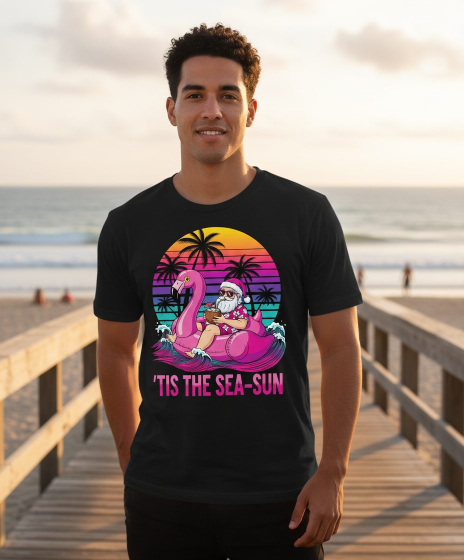 'Tis the Sea-Sun tropical santa claus T-Shirt Black lifestyle mockup