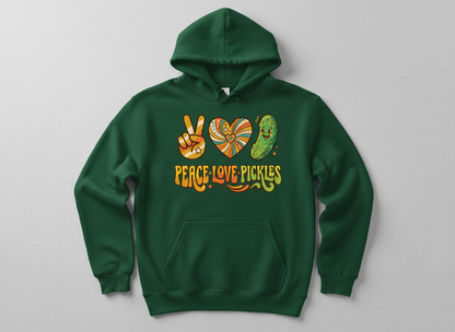 Peace Love Pickles Retro 70s Hippie Design Hoodie - Forest Green