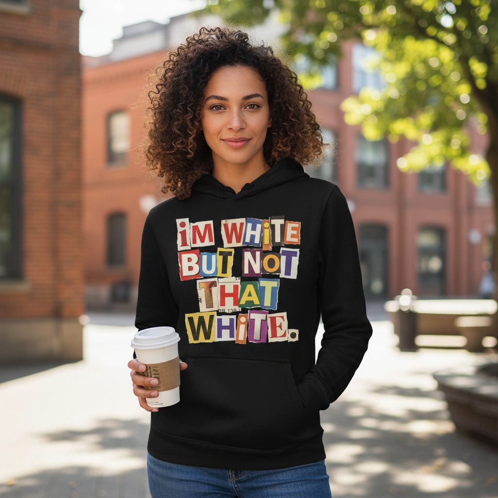 I'M WHITE BUT NOT THAT WHITE Funny Social Commentary Hoodie - lifestyle model mockup - Black