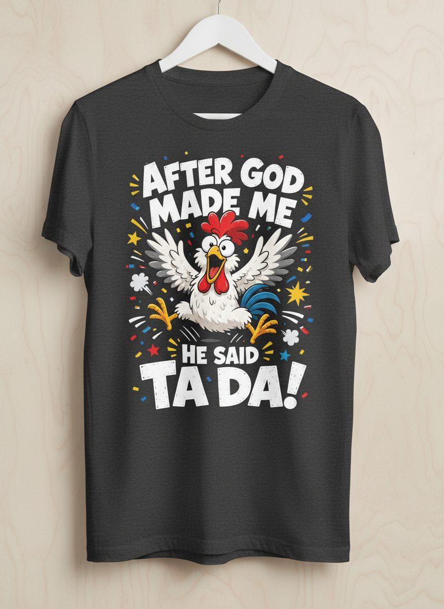 After God Made Me He Said Ta Da Funny Rooster T-Shirt - product mockup - Dark Heather