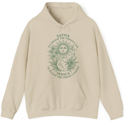 SATIVA TO CHANGE THE THINGS I CAN INDICA TO ACCEPT THE THINGS I Hoodie - product mockup - Sand