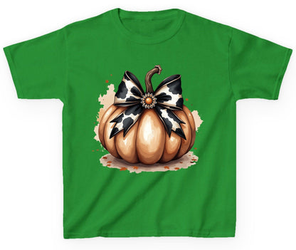 Cow Print Bow Pumpkin pumpkin Youth T-Shirt Irish Green product mockup