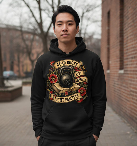 Read Books Lift Weights Fight Fascists Hoodie - lifestyle model mockup - Black