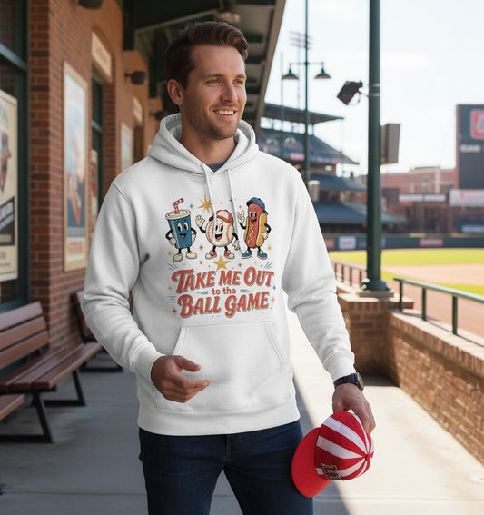 Take Me Out to the Ball Game Retro Baseball Hoodie - lifestyle model mockup - White