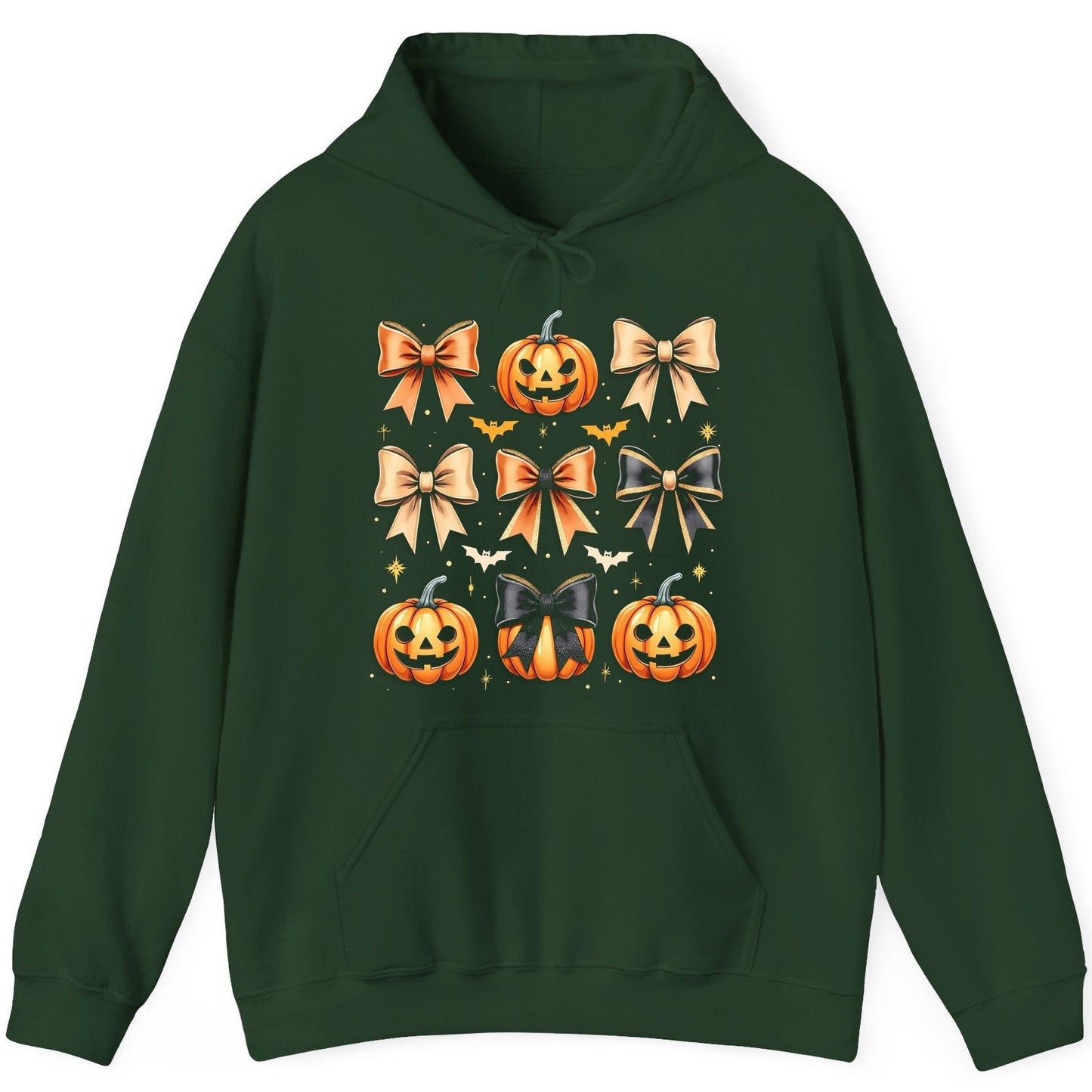 Cute Halloween Pumpkins and Bows Halloween Hoodie Forest Green product mockup