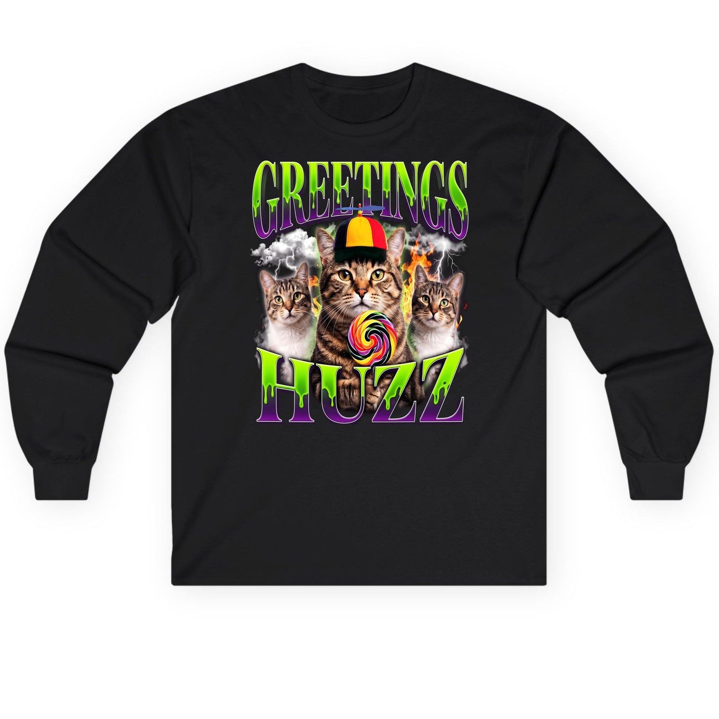 Greetings HUZZ Funny Cat Long Sleeve Tee - product mockup - Black