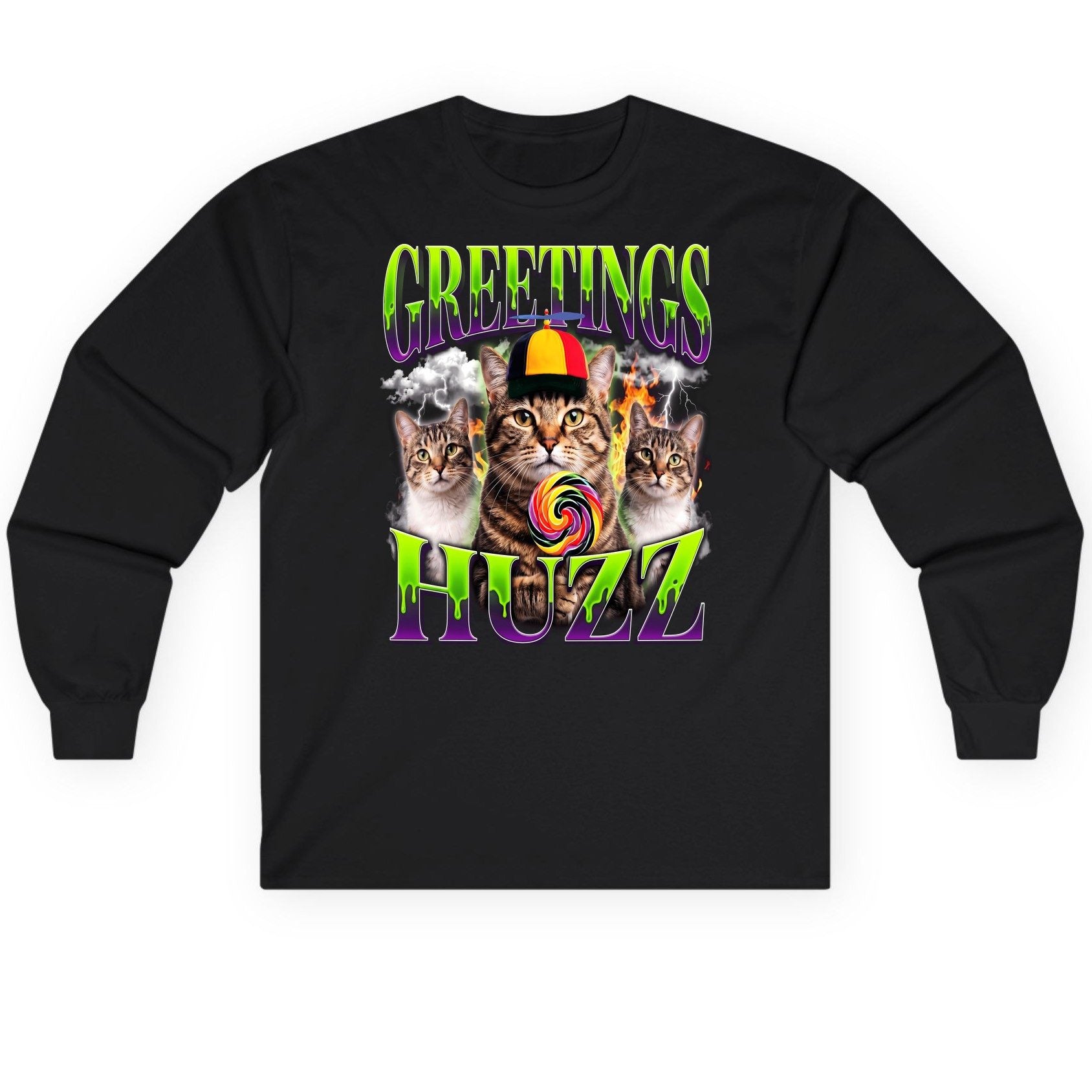 Greetings HUZZ Funny Cat Long Sleeve Tee - product mockup - Black