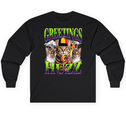 Greetings HUZZ Funny Cat Long Sleeve Tee - product mockup - Black
