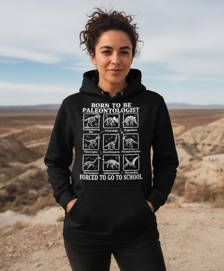 Born to Be Paleontologist Forced to Go to School dinosaurs Hoodie Black lifestyle mockup