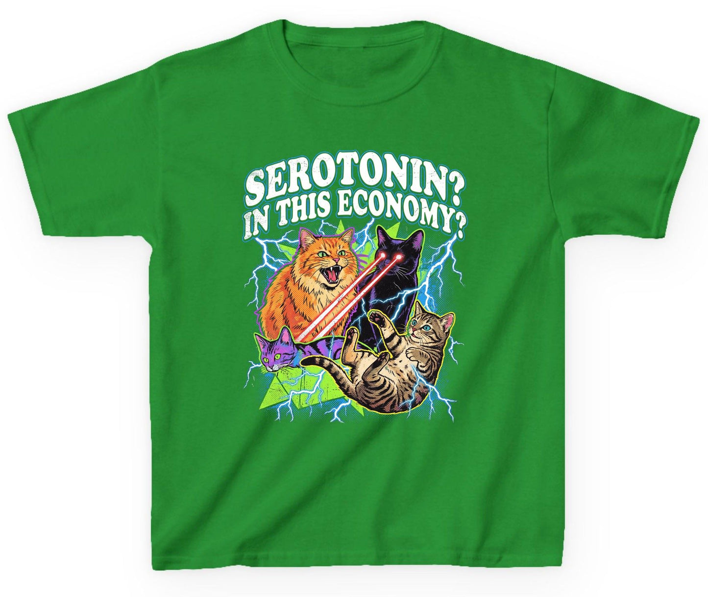 Serotonin in This Economy? cats Youth T-Shirt Irish Green product mockup