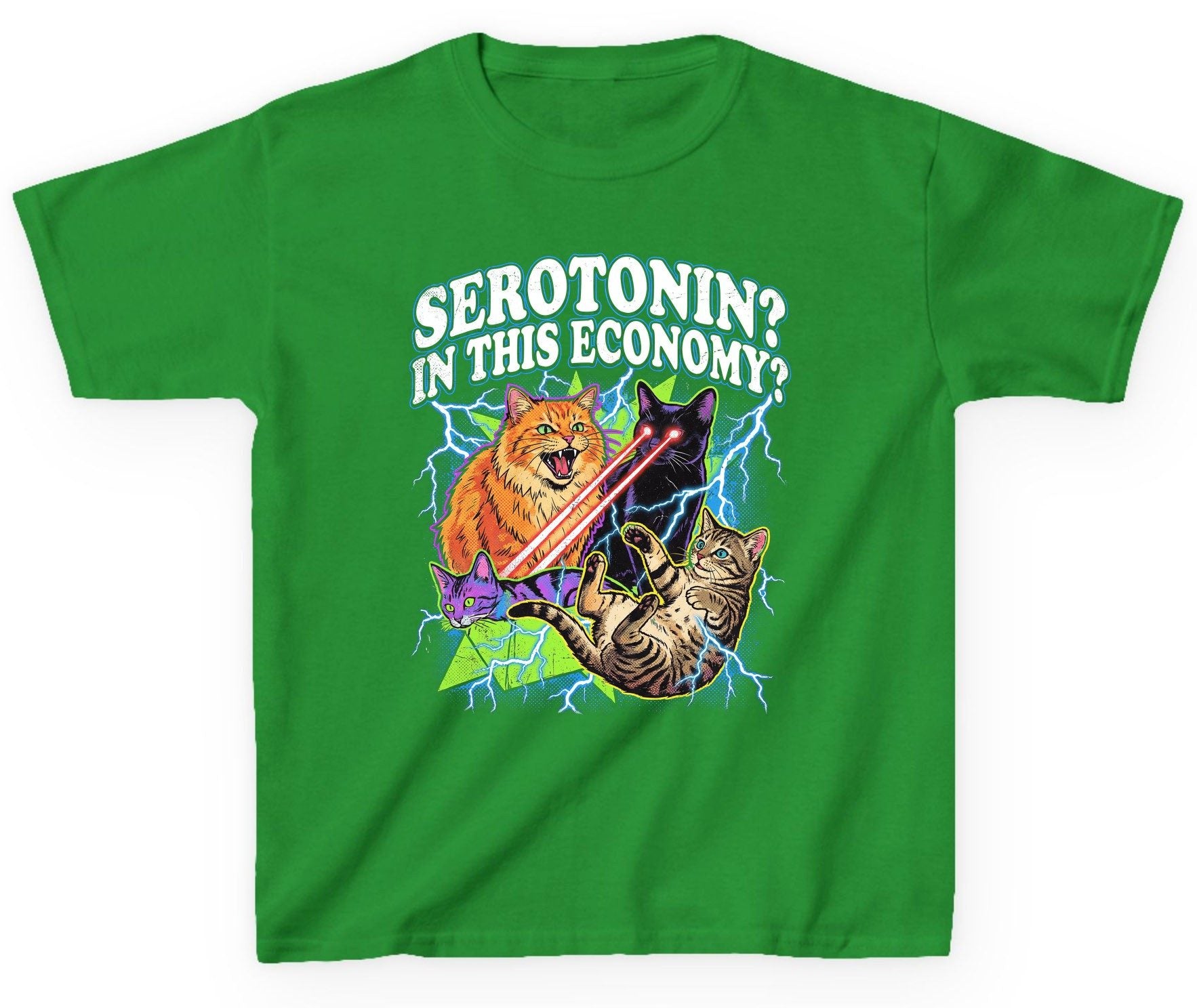Serotonin in This Economy? cats Youth T-Shirt Irish Green product mockup