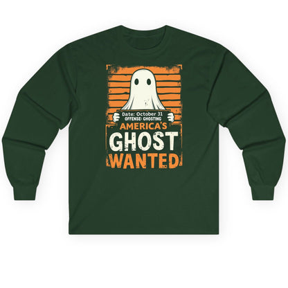 Date October 31 Offense Ghosting America's Ghost Wanted ghost Long Sleeve Tee Forest Green product mockup