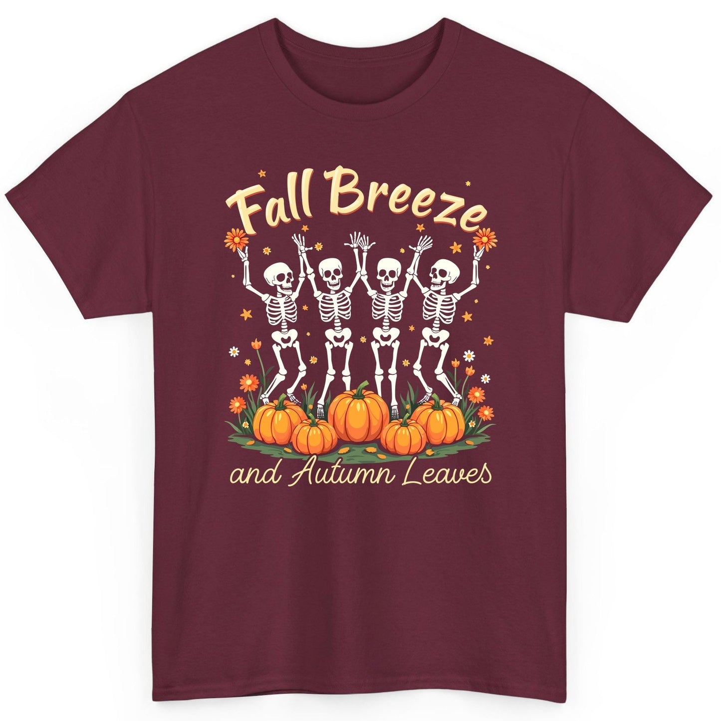 Fall Breeze and Autumn Leaves dancing skeletons T-Shirt Maroon product mockup