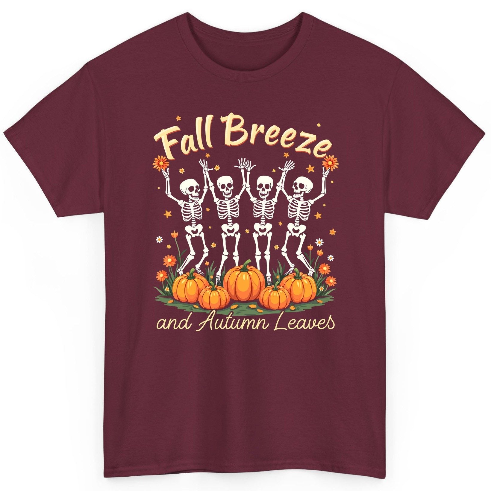Fall Breeze and Autumn Leaves dancing skeletons T-Shirt Maroon product mockup