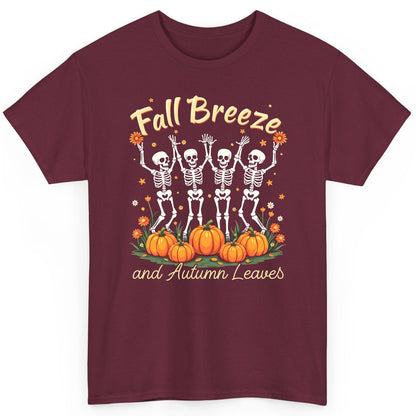 Fall Breeze and Autumn Leaves dancing skeletons T-Shirt Maroon product mockup
