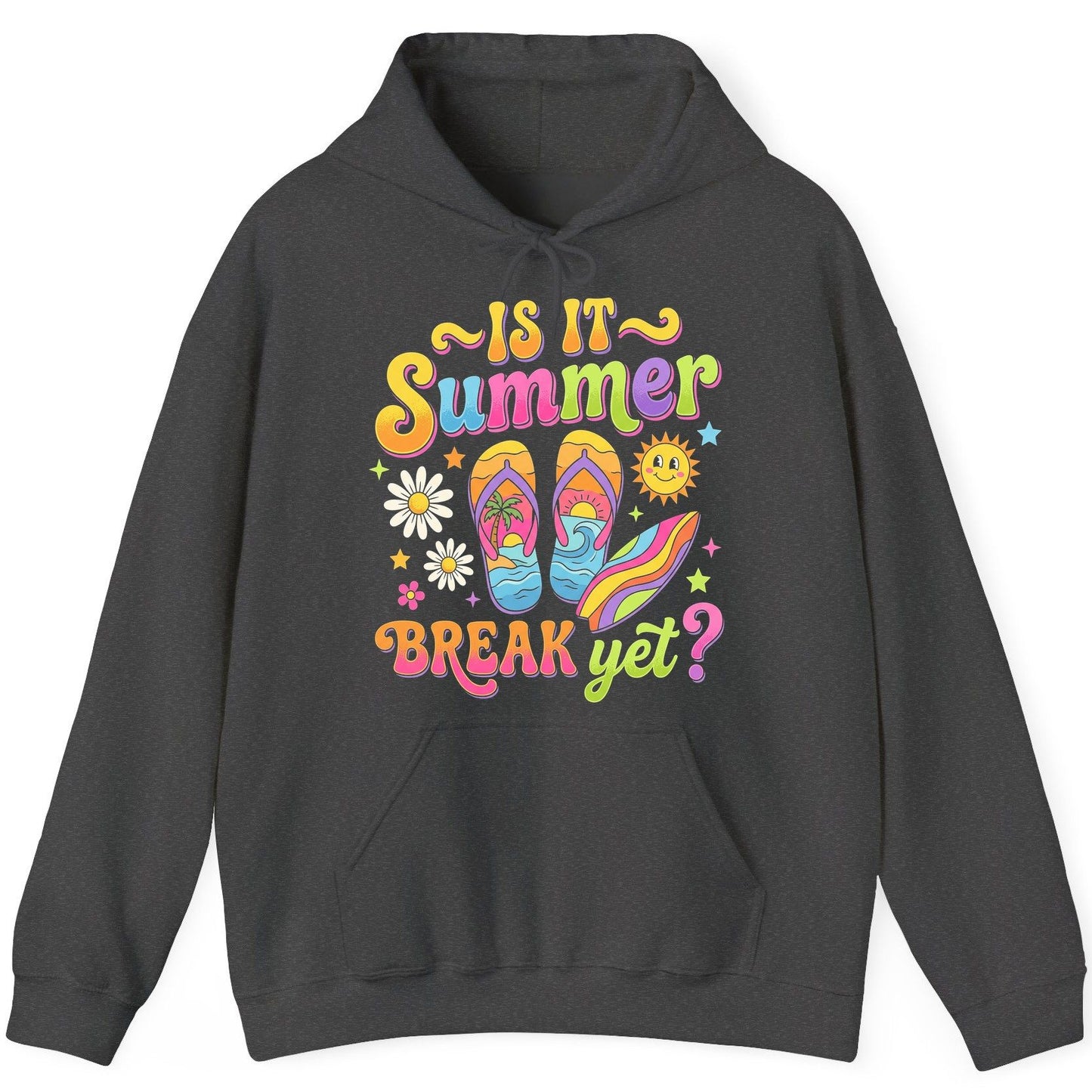 Is It Summer Break Yet Retro Vacation Hoodie - product mockup - Dark Heather