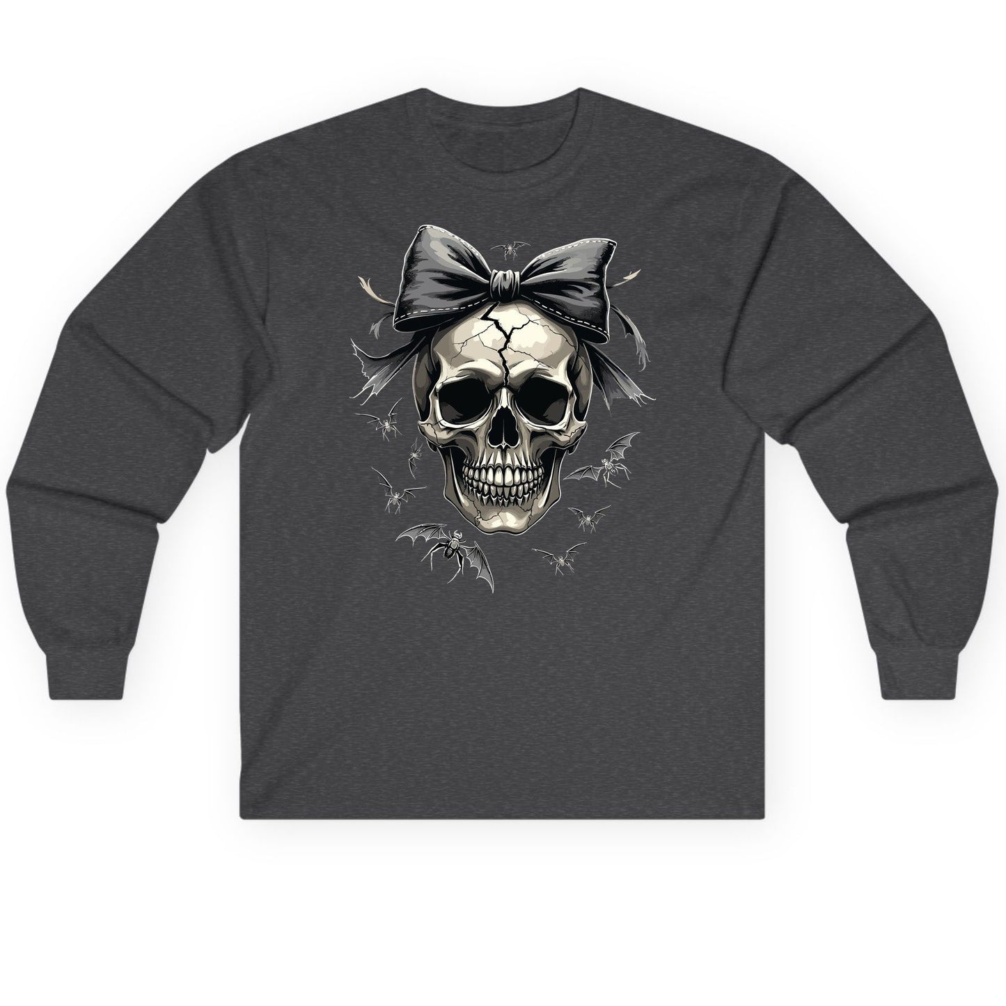 Gothic Skull with Bow gothic skull Long Sleeve Tee Dark Heather product mockup