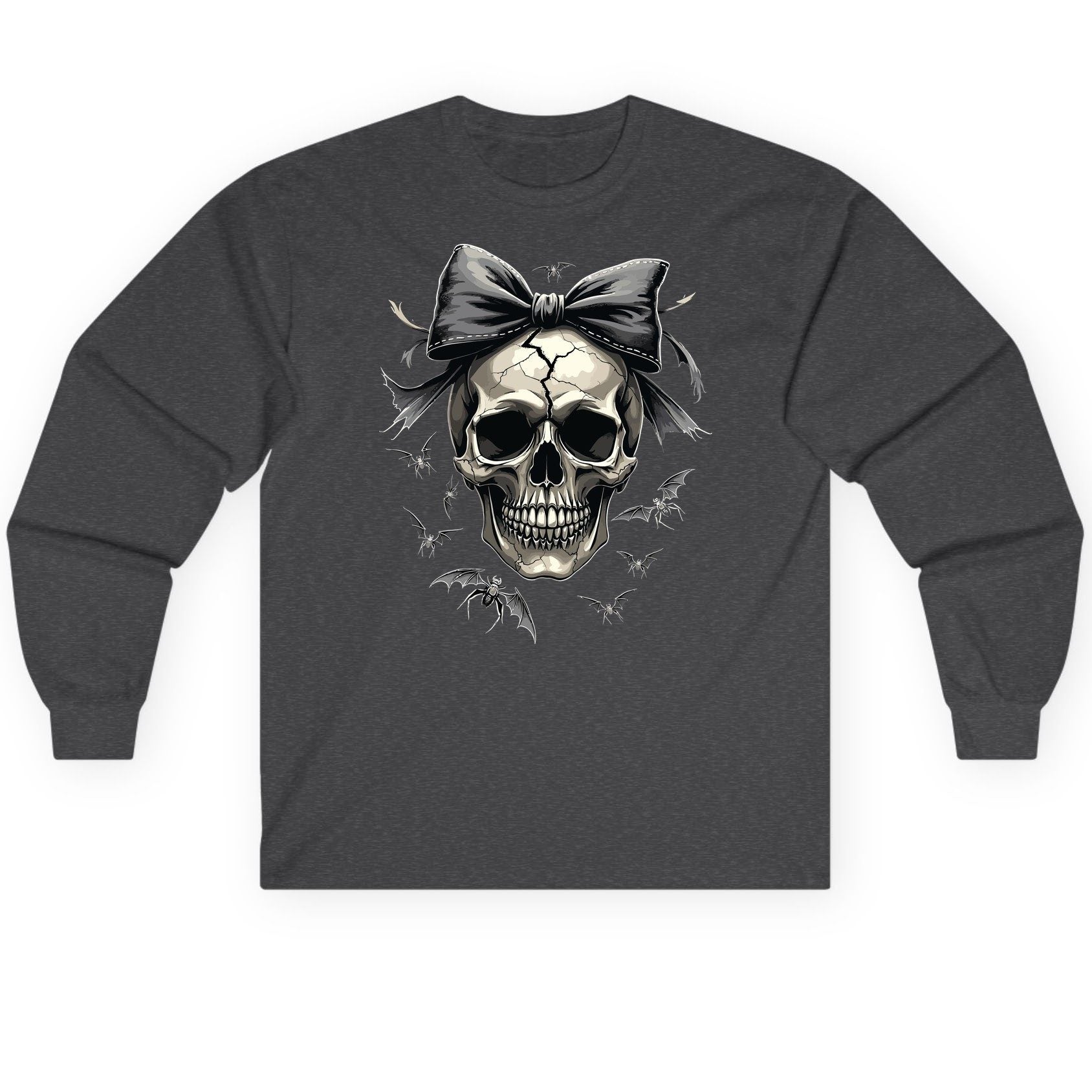 Gothic Skull with Bow gothic skull Long Sleeve Tee Dark Heather product mockup