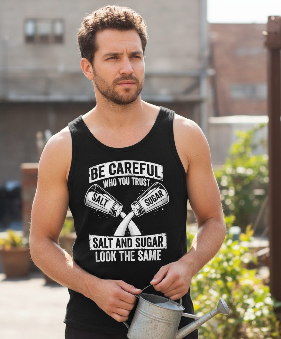 BE Careful WHO YOU TRUST SALT AND SUGAR LOOK THE SAME Tank Top - lifestyle model mockup - Black