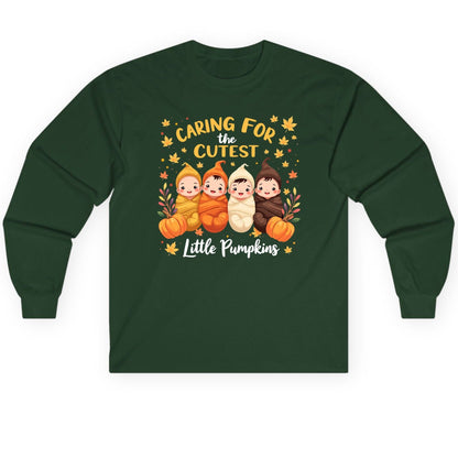 Caring for the Cutest Little Pumpkins swaddled babies Long Sleeve Tee Forest Green product mockup