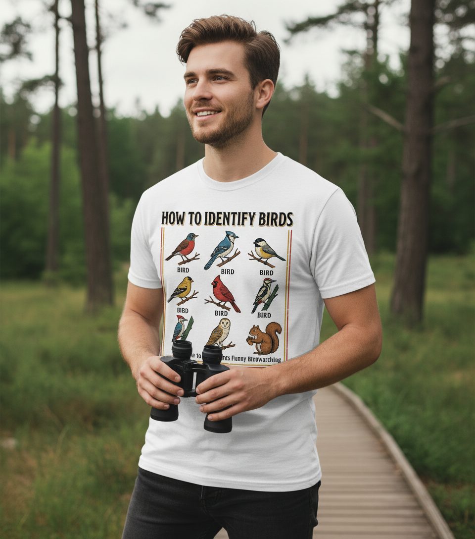 How to Identify Birds Funny Birdwatching T-Shirt - lifestyle model mockup - White