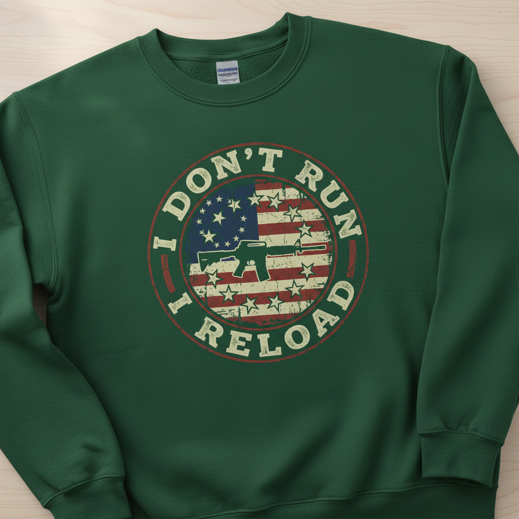 I Don't Run I Reload Pro-Gun American Flag Design Sweatshirt - Forest Green