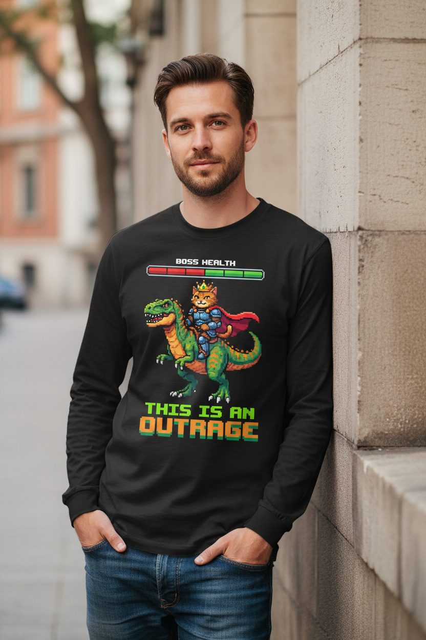 THIS IS AN OUTRAGE Cat riding a dinosaur Long Sleeve Tee Black lifestyle mockup