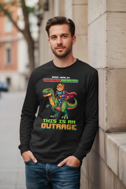 THIS IS AN OUTRAGE Cat riding a dinosaur Long Sleeve Tee Black lifestyle mockup