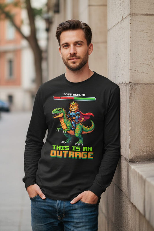 THIS IS AN OUTRAGE Cat riding a dinosaur Long Sleeve Tee Black lifestyle mockup