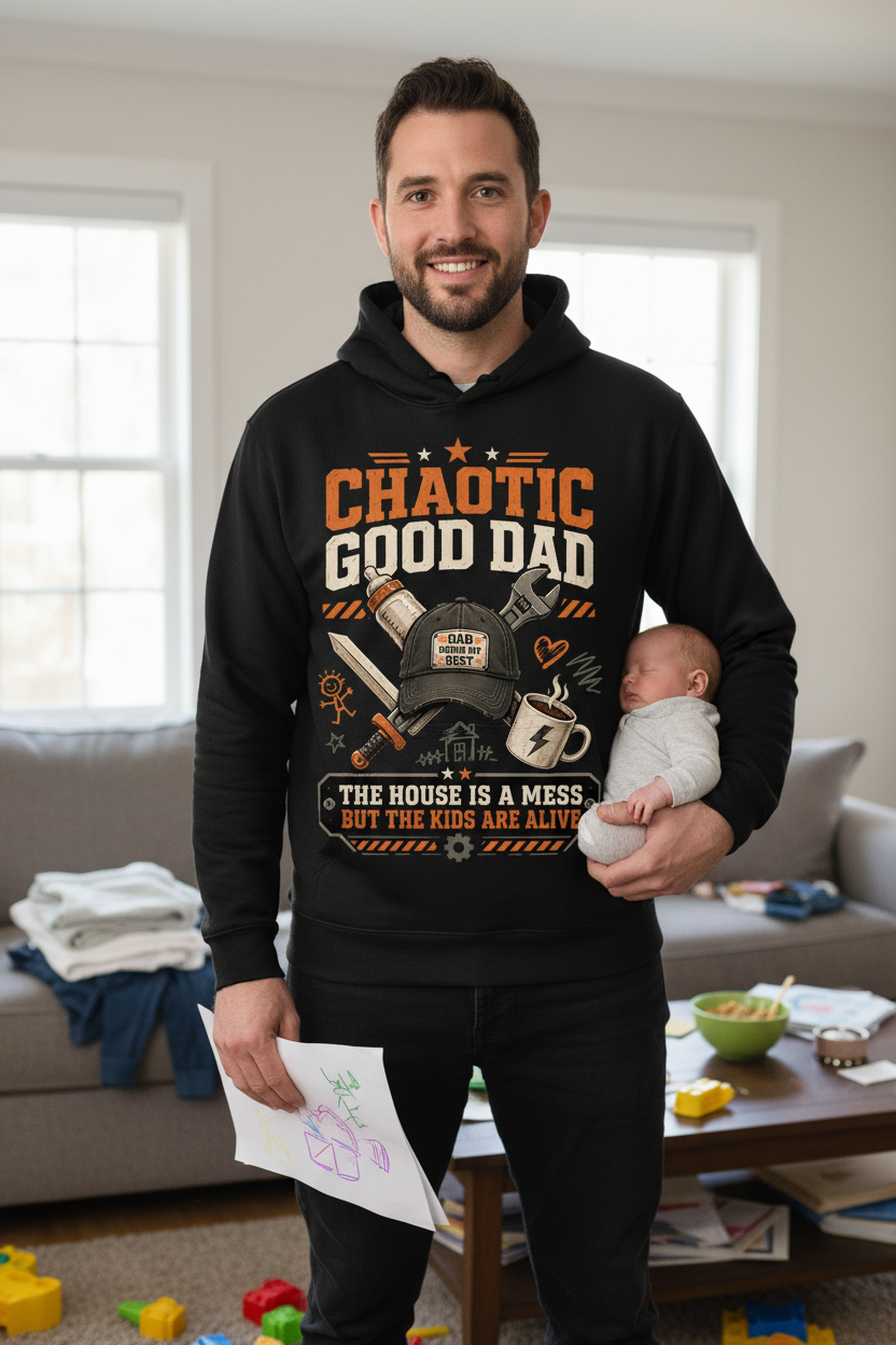 Chaotic Good Dad. The House Is A Mess But The Kids Are Alive. Funny Chaotic Good Dad Hoodie - lifestyle model mockup - Black