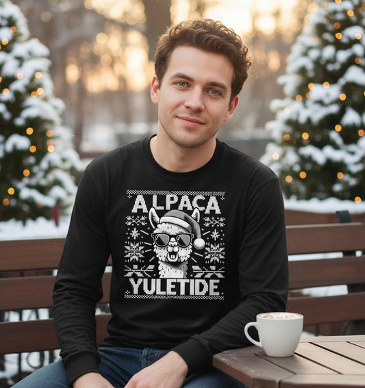 ALPACA Yuletide Funny Lovers Long Sleeve Tee - lifestyle model mockup - Black