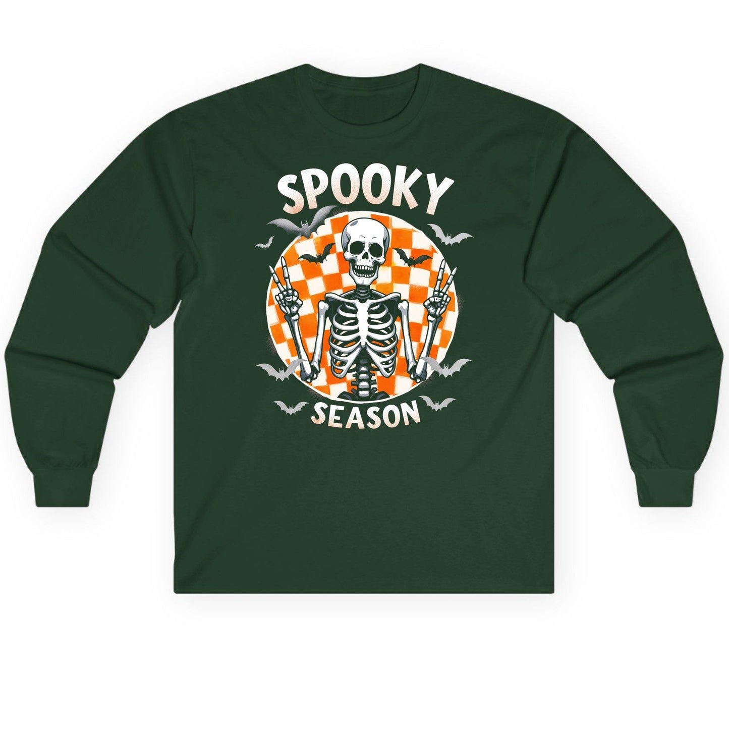 Spooky Season Halloween skeleton Long Sleeve Tee Forest Green product mockup