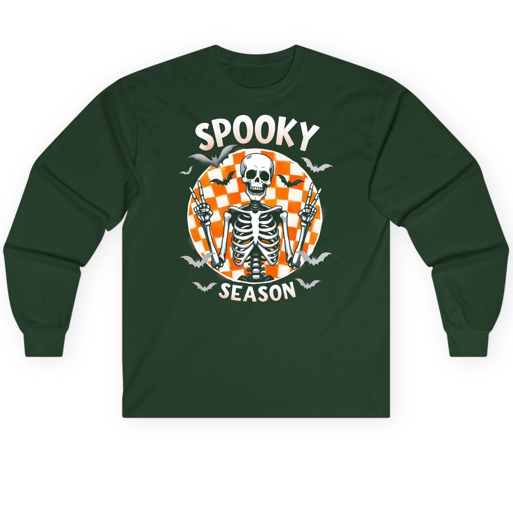 Spooky Season Halloween skeleton Long Sleeve Tee Forest Green product mockup