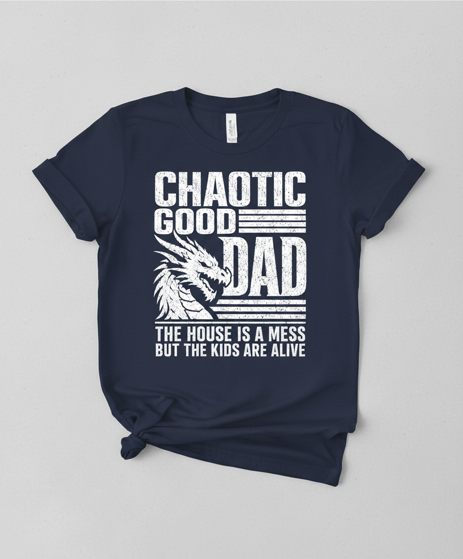 CHAOTIC GOOD DAD THE HOUSE IS A MESS BUT THE KIDS ARE ALIVE Funny Chaotic Good Dad Dragon T-Shirt - product mockup - Navy