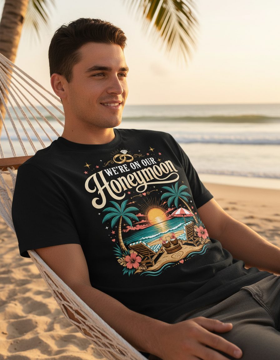 We're on Our Honeymoon Retro Newlyweds T-Shirt - lifestyle model mockup - Black