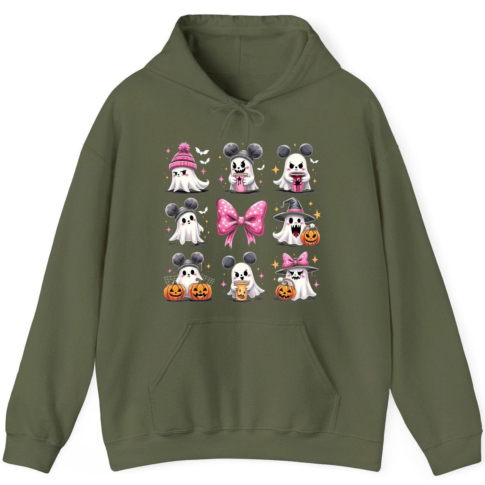 Cute Pink Halloween Ghosts Halloween ghosts Hoodie Military Green product mockup